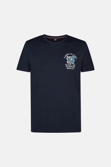 T-shirt bleu à manches courtes de Petrol Industries® avec un imprimé décoratif sur le devant.