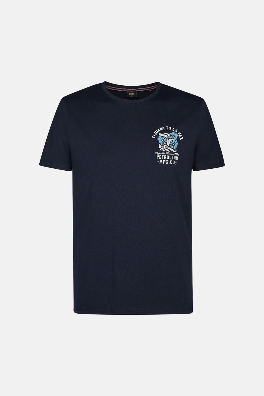 T-shirt bleu à manches courtes de Petrol Industries® avec un imprimé décoratif sur le devant.