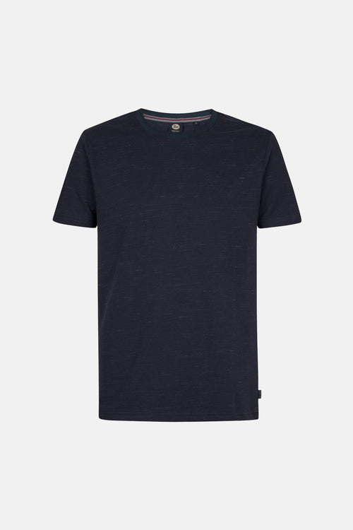 T-shirt bleu à manches courtes de Petrol Industries, avec un col rond à rayures et un motif chiné subtil.
