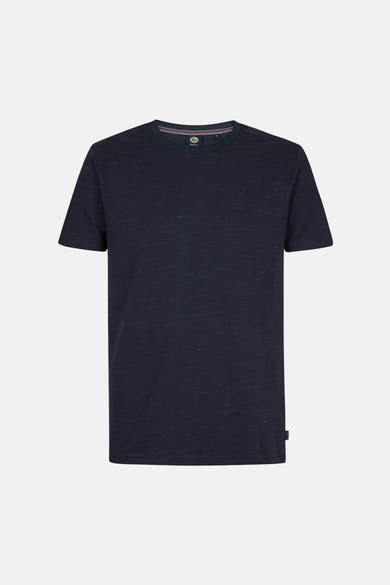 T-shirt bleu à manches courtes de Petrol Industries, avec un col rond à rayures et un motif chiné subtil.