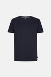 T-shirt bleu à manches courtes de Petrol Industries, avec un col rond à rayures et un motif chiné subtil.