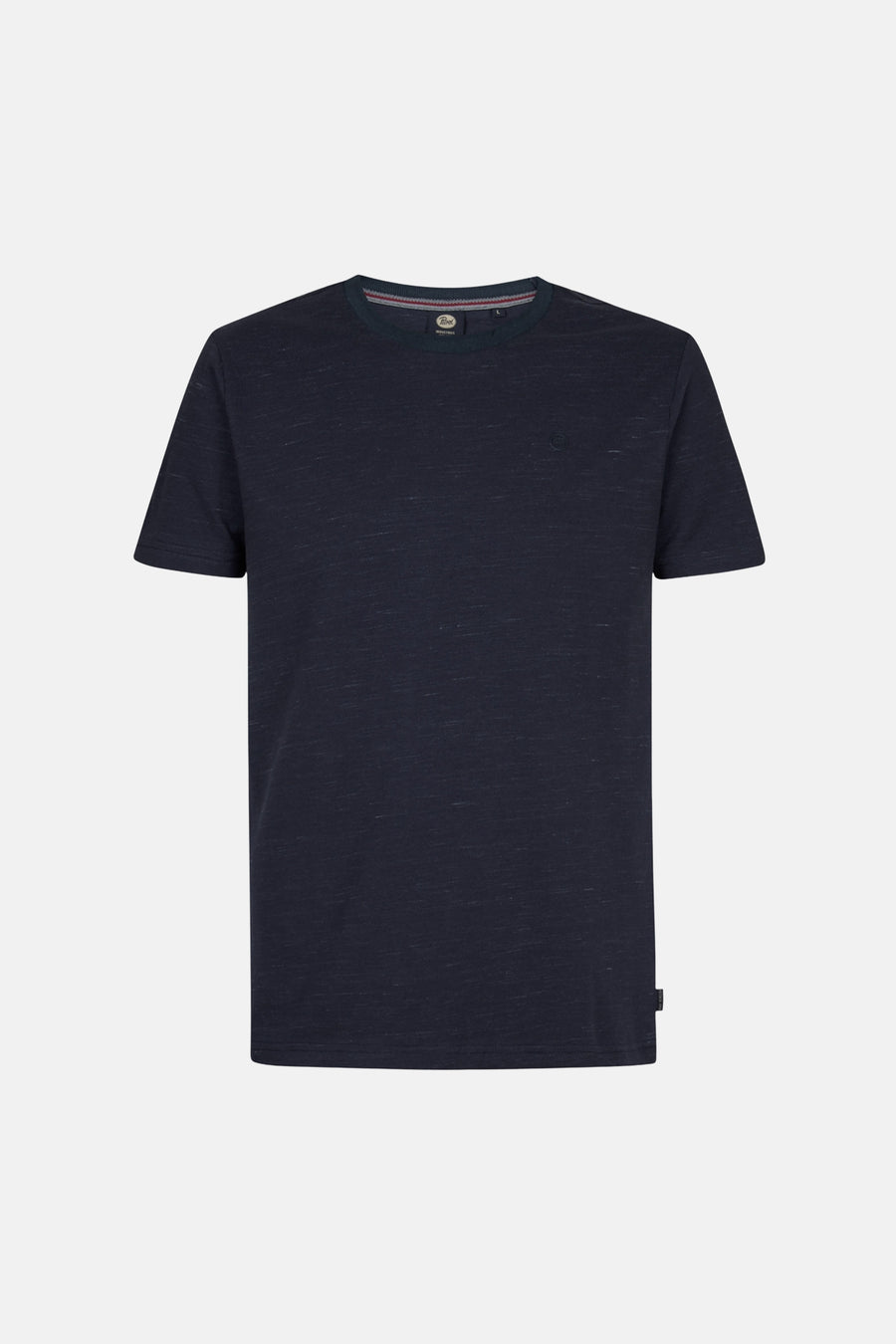 T-shirt bleu à manches courtes de Petrol Industries, avec un col rond à rayures et un motif chiné subtil.