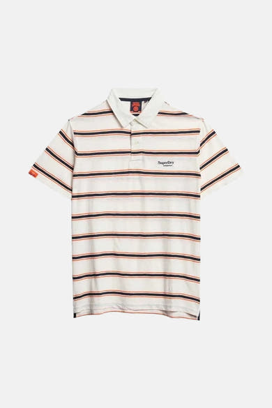 Wit gestreept poloshirt met korte mouwen van Superdry, met bruine en marineblauwe strepen.
