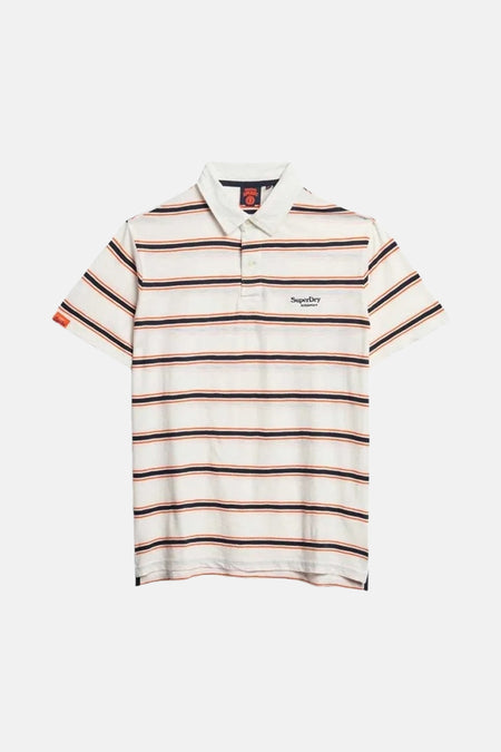 Wit gestreept poloshirt met korte mouwen van Superdry, met bruine en marineblauwe strepen.
