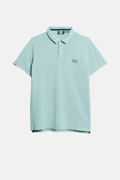 Polo bleu à manches courtes de Superdry, avec patte de boutonnage et logo discret sur la poitrine.