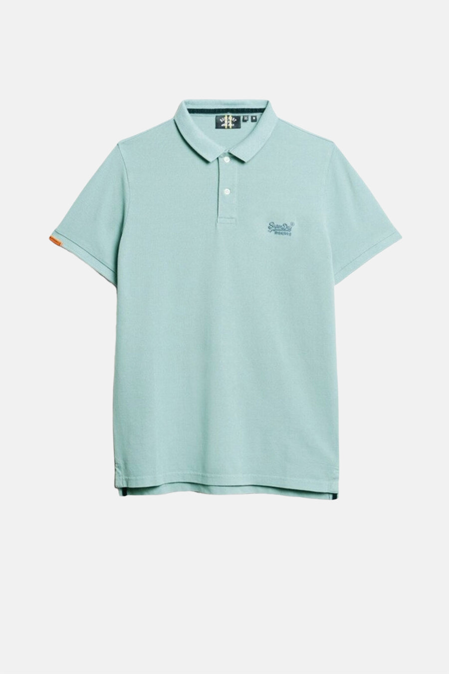 Polo bleu à manches courtes de Superdry, avec patte de boutonnage et logo discret sur la poitrine.