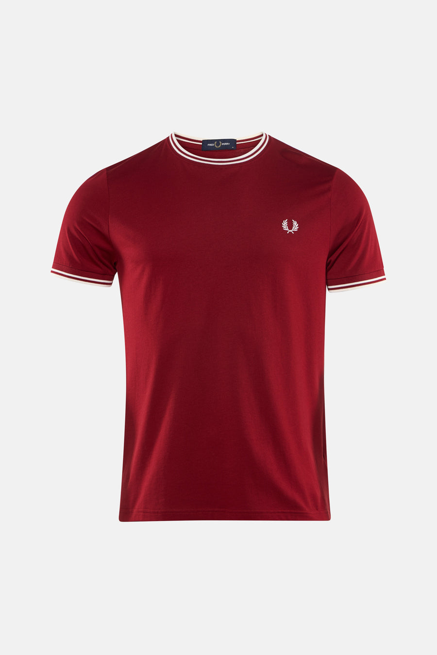 T-shirt rouge à manches courtes de FRED PERRY avec rayures blanches au col et aux manches, logo brodé.