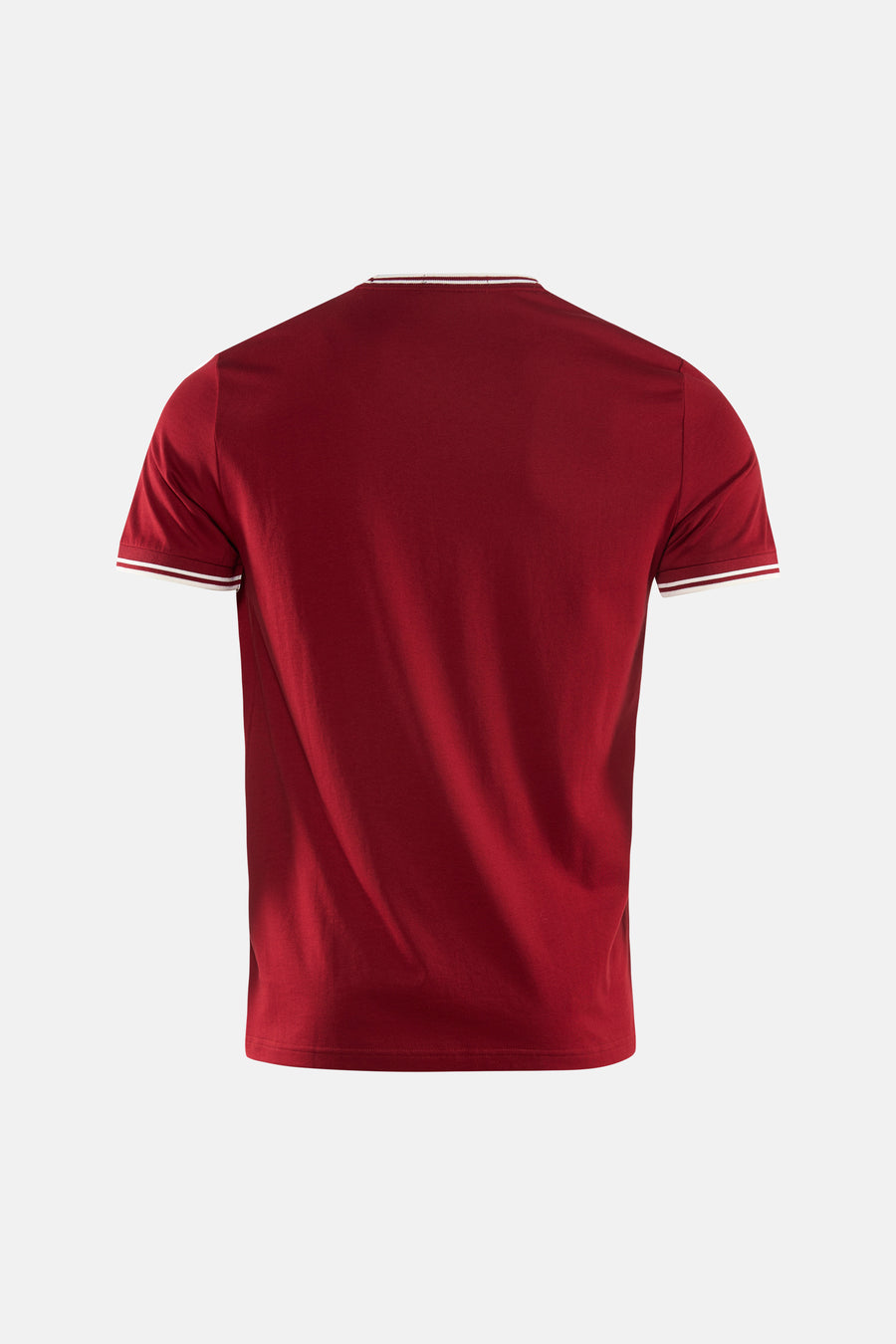 T-shirt rouge à manches courtes de FRED PERRY, avec col et extrémités de manches rayés blancs, vue de dos.
