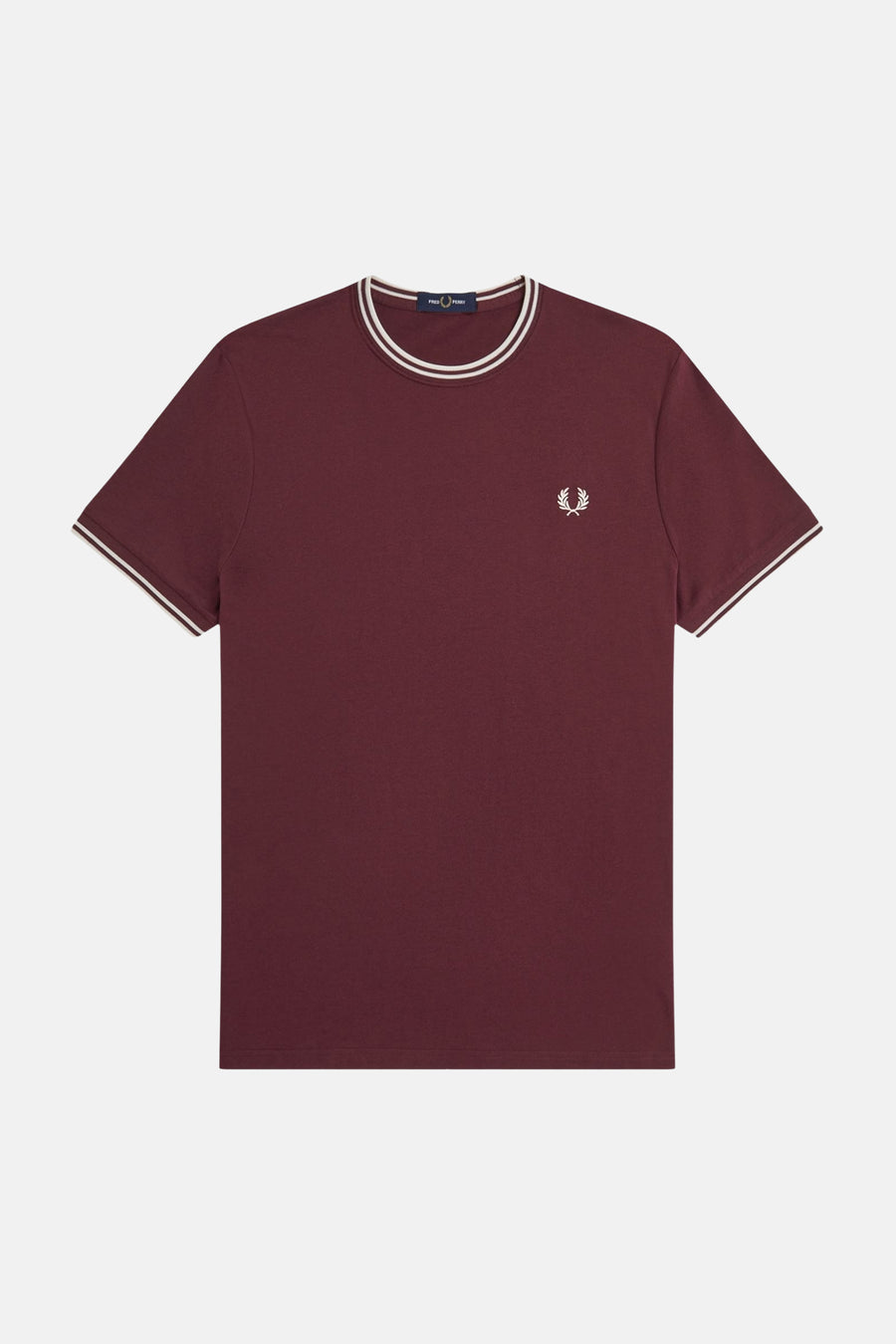 Bordeaux short-sleeve t-shirt by Fred Perry with white ribbed collar and sleeve trim, small embroidered laurel wreath on chest, front view