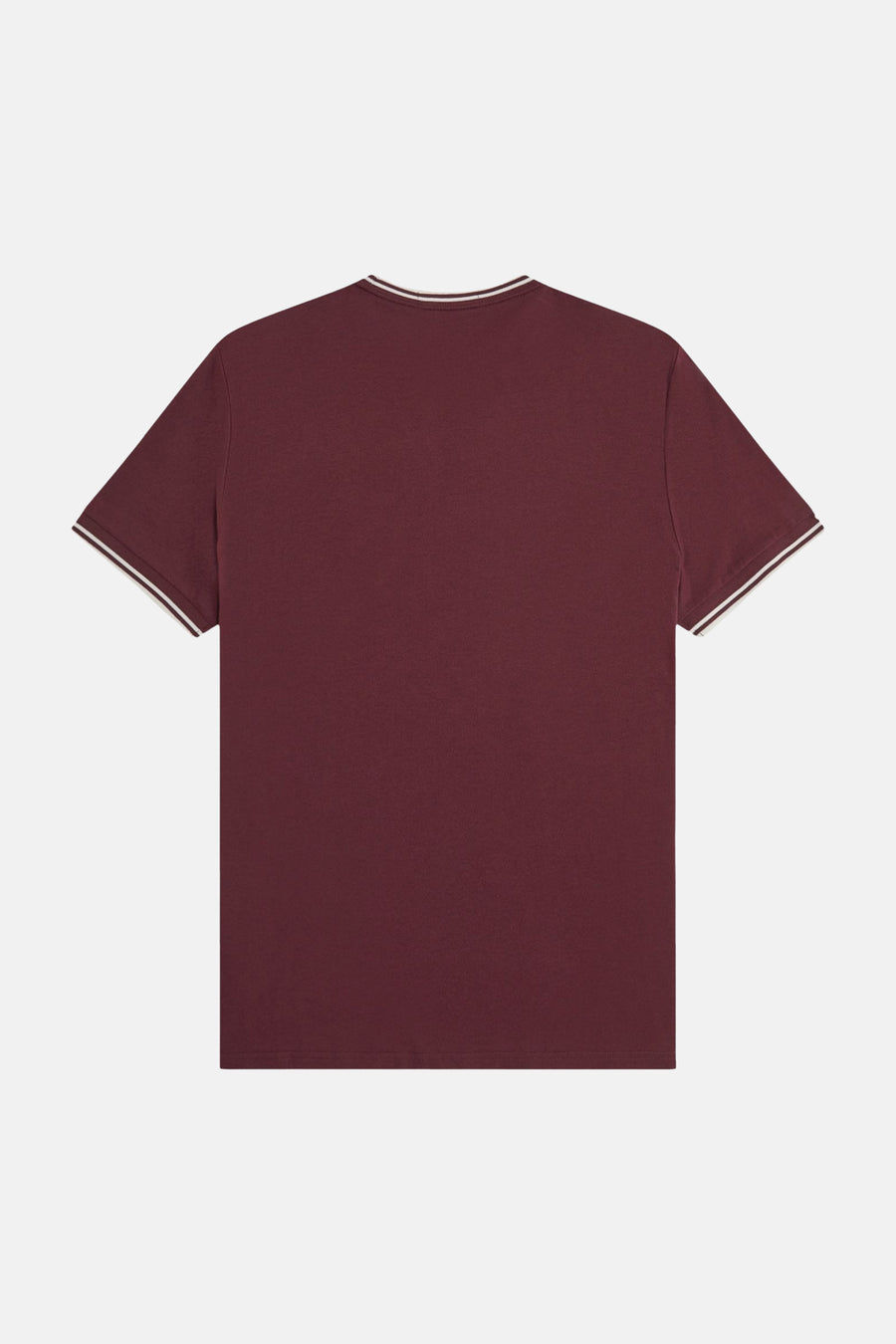 Bordeaux short-sleeve t-shirt with white striped trim on collar and sleeves, back view, plain cotton texture