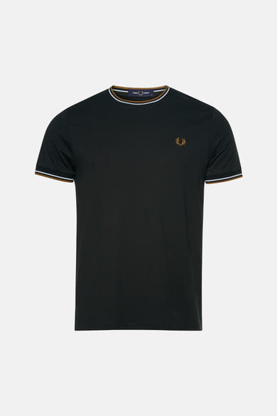 T-shirt à manches courtes FRED PERRY noir avec col et bordures de manches rayés, vu de face
