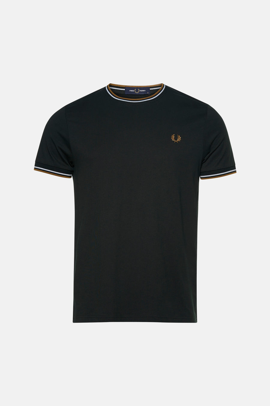 T-shirt à manches courtes FRED PERRY noir avec col et bordures de manches rayés, vu de face