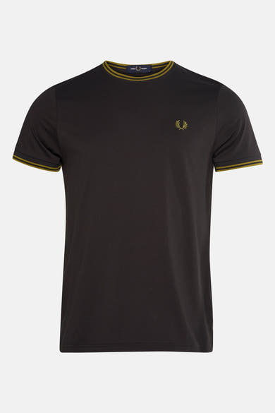 T-shirt gris à manches courtes de Fred Perry, avec rayures contrastantes au col et aux manches, et logo brodé.