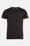 T-shirt gris à manches courtes de Fred Perry, avec rayures contrastantes au col et aux manches, et logo brodé.