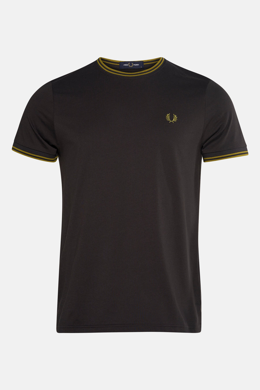 T-shirt gris à manches courtes de Fred Perry, avec rayures contrastantes au col et aux manches, et logo brodé.