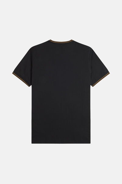 T-shirt noir à manches courtes de Fred Perry, avec finitions rayées au col et aux manches.
