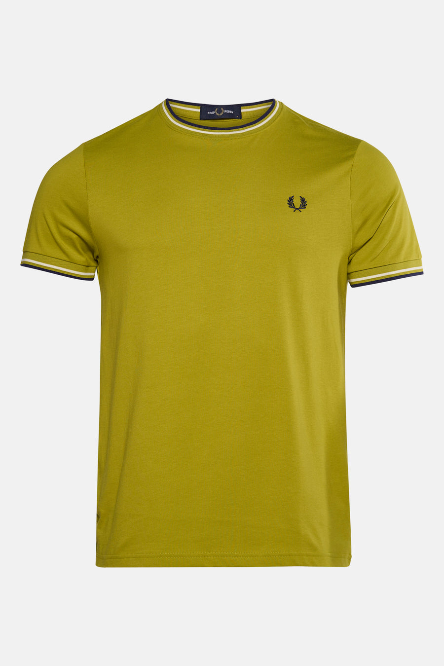 T-shirt à manches courtes vert de FRED PERRY, avec rayures contrastantes au col et aux manches, logo brodé.
