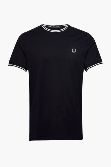 T-shirt bleu à manches courtes de FRED PERRY, avec col et bordures des manches rayés et logo brodé.