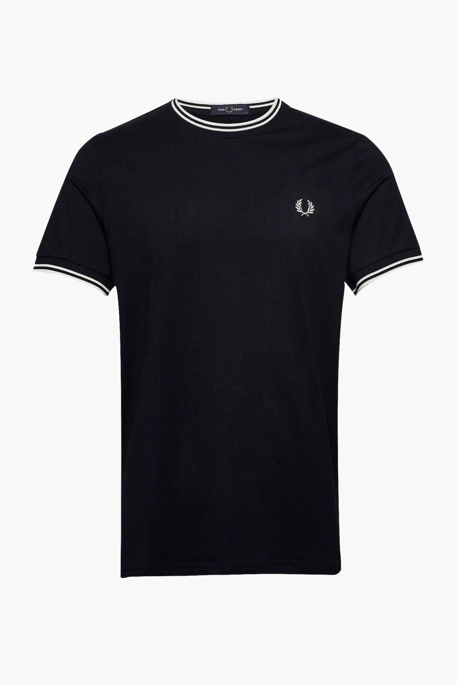 T-shirt bleu à manches courtes de FRED PERRY, avec col et bordures des manches rayés et logo brodé.