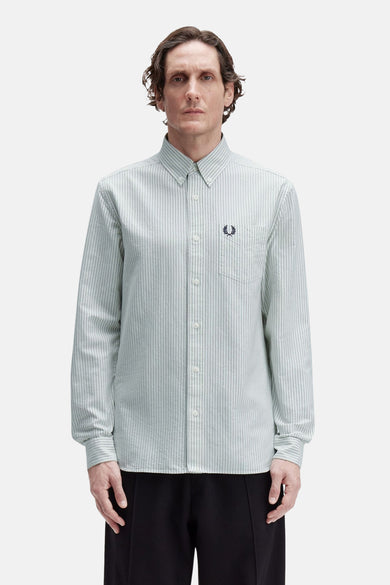 Gestreepte katoenmix overhemd met lange mouwen van FRED PERRY, met borstzak en geborduurd logo.