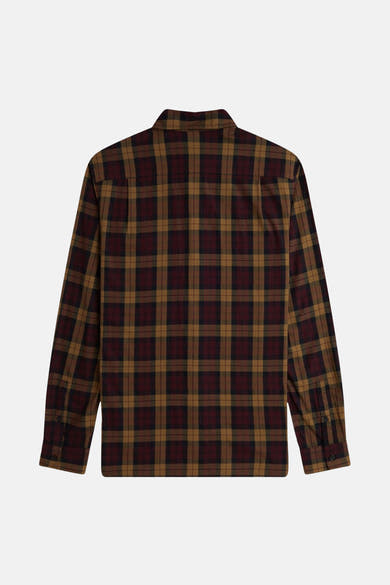 Multikleurig overhemd met lange mouwen van FRED PERRY, bordeauxrood, bruin en zwart geruit, van achteren gezien.