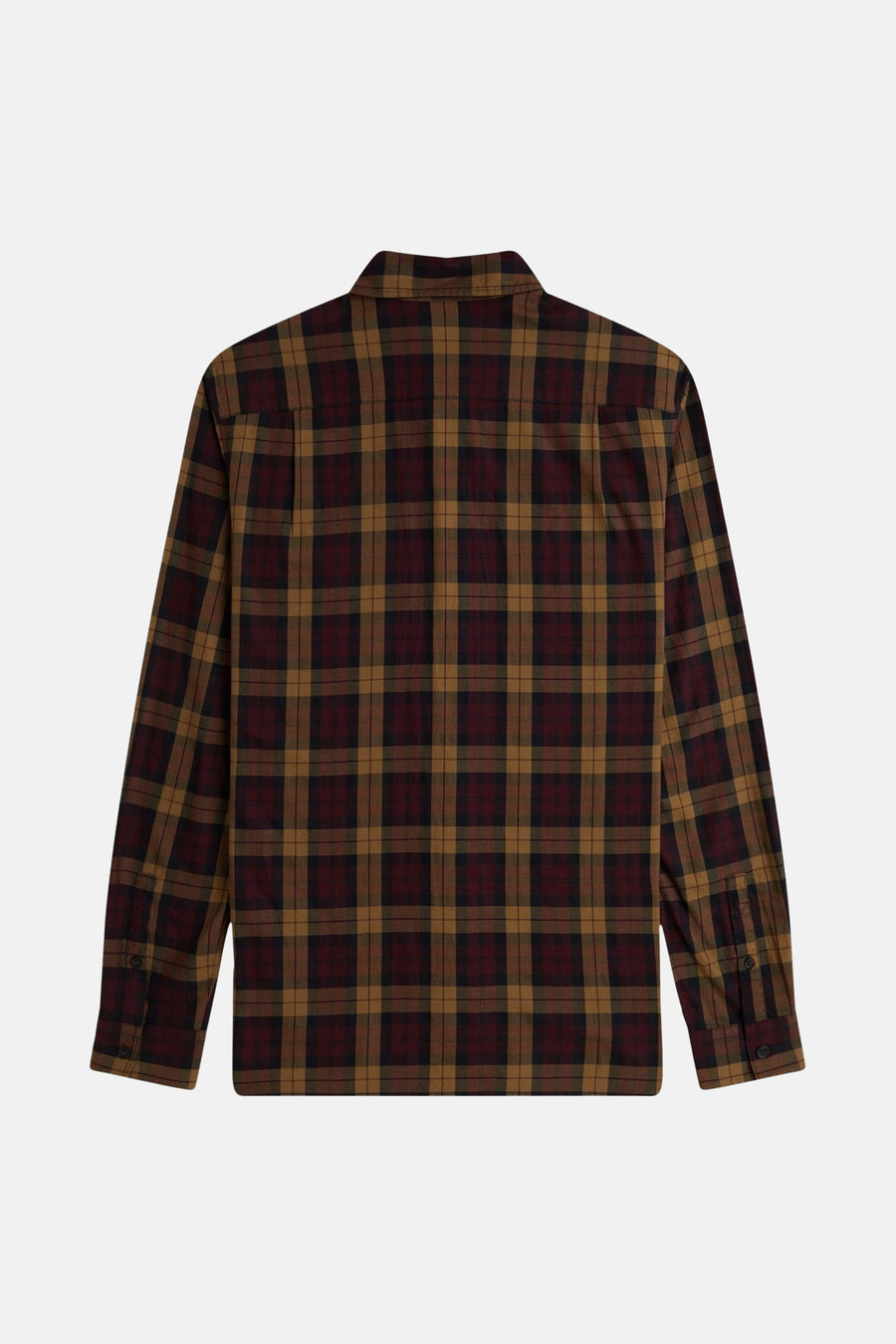 Multikleurig overhemd met lange mouwen van FRED PERRY, bordeauxrood, bruin en zwart geruit, van achteren gezien.