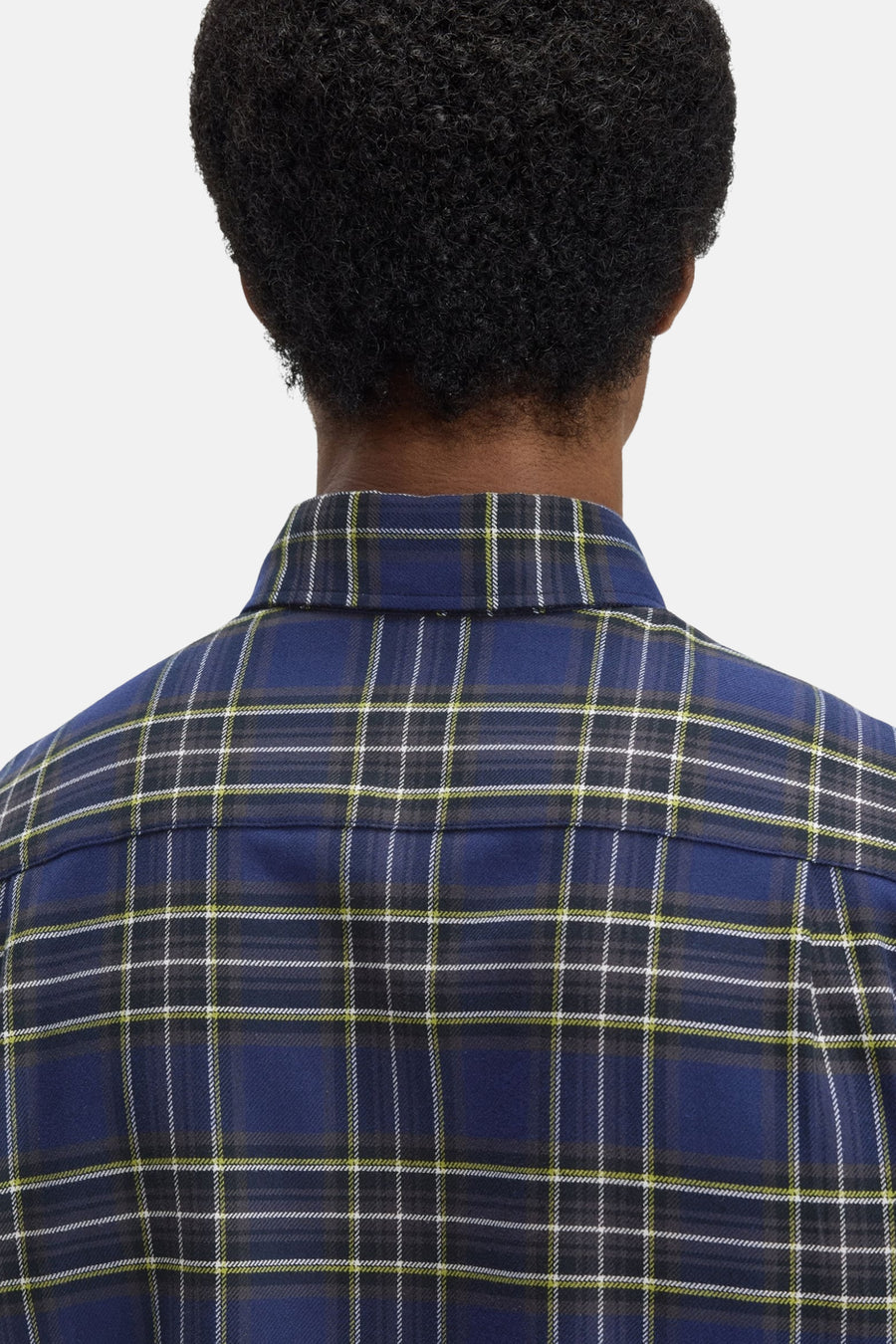 Blauw overhemd met lange mouwen van FRED PERRY, geruit patroon met witte en gele lijnen, achterzicht.