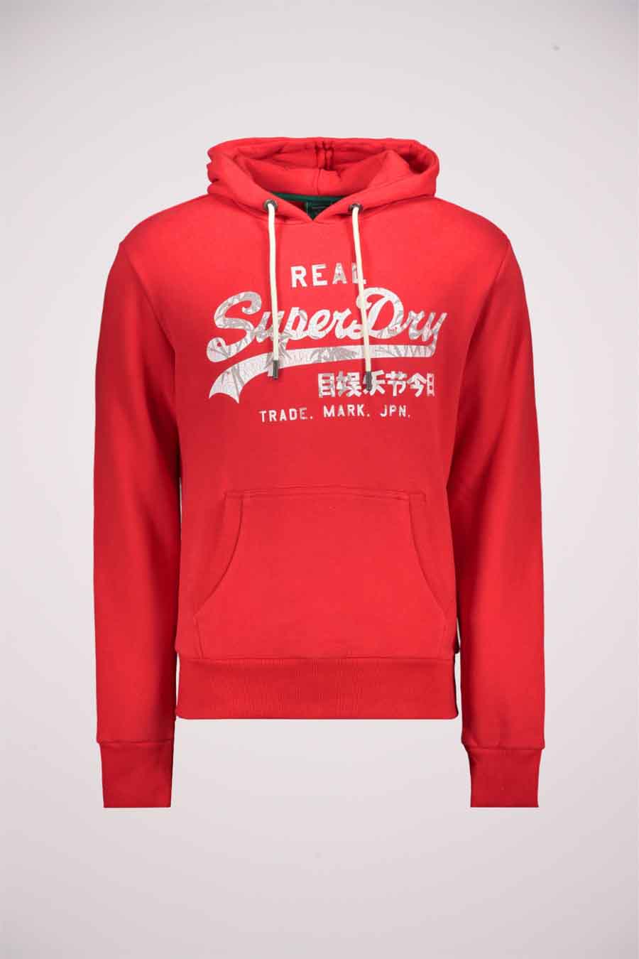 Rode Superdry hoodie met witte trekkoord en zilveren opdruk.
