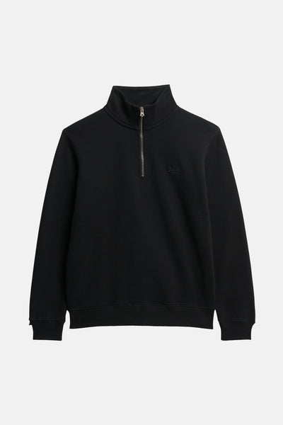 Zwarte Superdry trui met opstaande kraag, korte ritssluiting en ton-sur-ton logo.