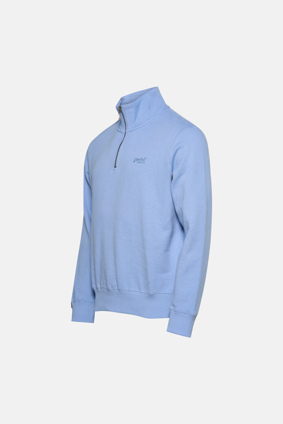 Blauwe trui met opstaande kraag van Superdry, met korte ritssluiting en geborduurd logo op de borst.