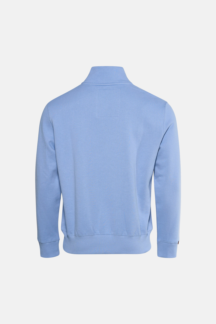 Sweat bleu col montant de Superdry, vue de dos avec finitions côtelées aux poignets et à la taille.
