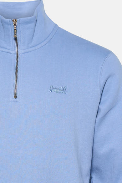 Blauwe sweat-top met opstaande kraag van SUPERDRY, met korte ritssluiting en geborduurd logo.