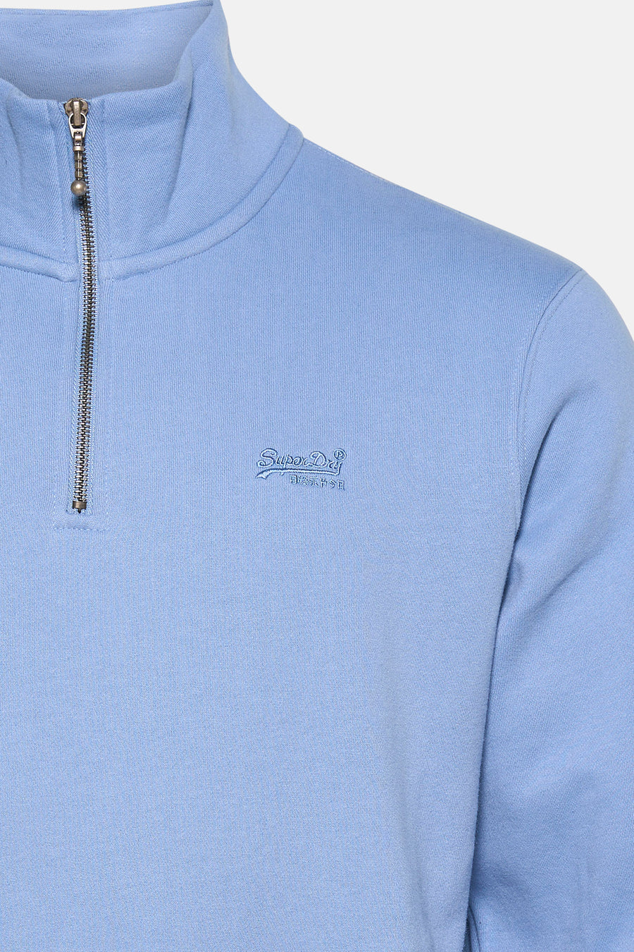 Blauwe sweat-top met opstaande kraag van SUPERDRY, met korte ritssluiting en geborduurd logo.
