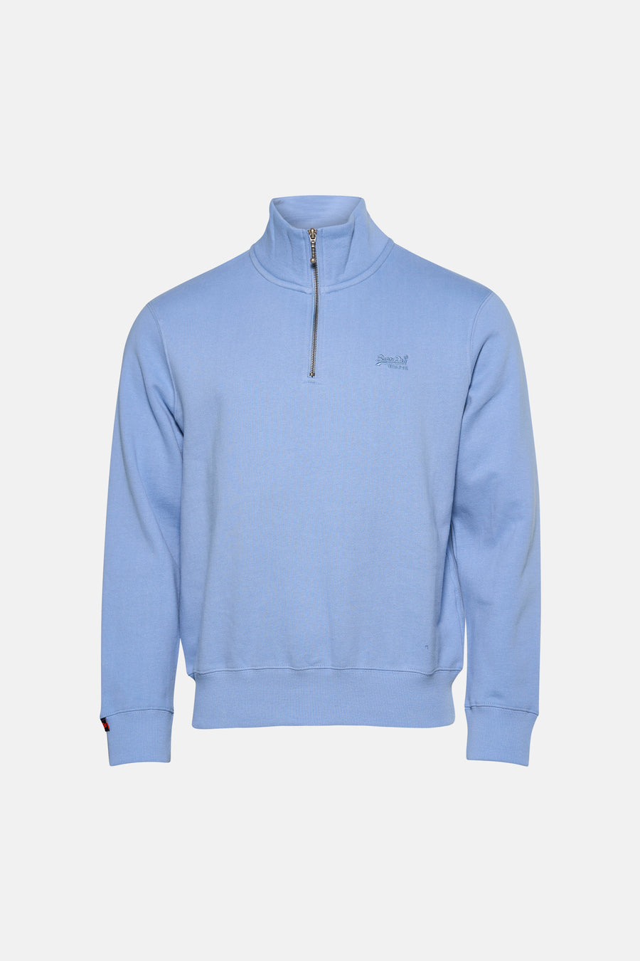 Blauwe Superdry trui met opstaande kraag, achterzijde met geribbelde boorden aan de mouwen en taille.