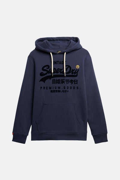 Sweat à capuche bleu par SUPERDRY, avec cordon de serrage et logo imprimé sur le devant.