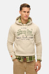 Beige katoenen hoodie van Superdry, met trekkoord en grafische print.
