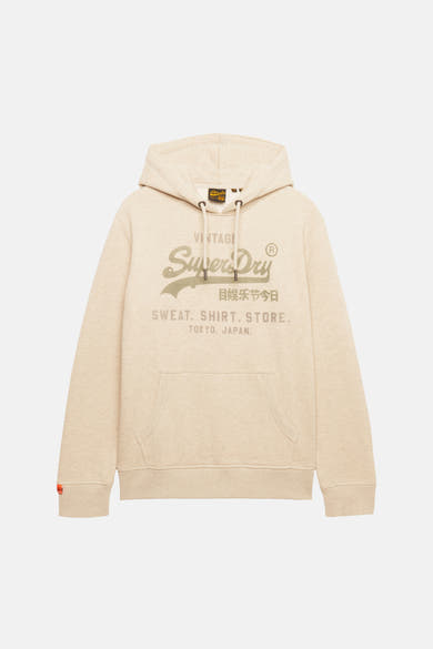 Beige hoodie van SUPERDRY, met trekkoord en opgedrukte logo op de voorkant.