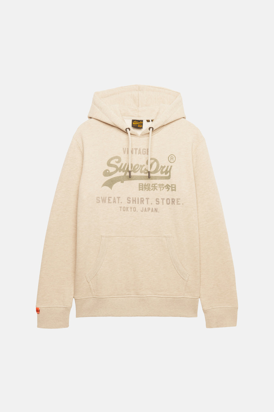 Beige hoodie van SUPERDRY, met trekkoord en opgedrukte logo op de voorkant.