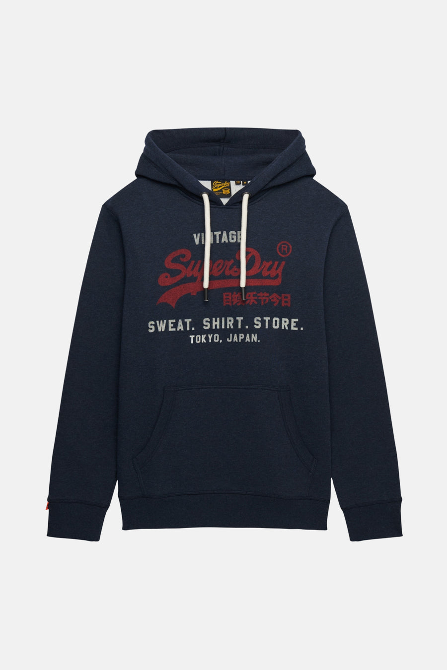 Sweat à capuche bleu marine de Superdry avec logo imprimé rouge et poche kangourou.