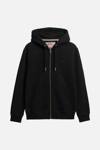 Gilet noir de SUPERDRY avec capuche, fermeture éclair et logo brodé sur la poitrine.
