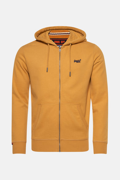 Okergele Superdry bodywarmer met capuchon, ritssluiting en kangoeroezakken.