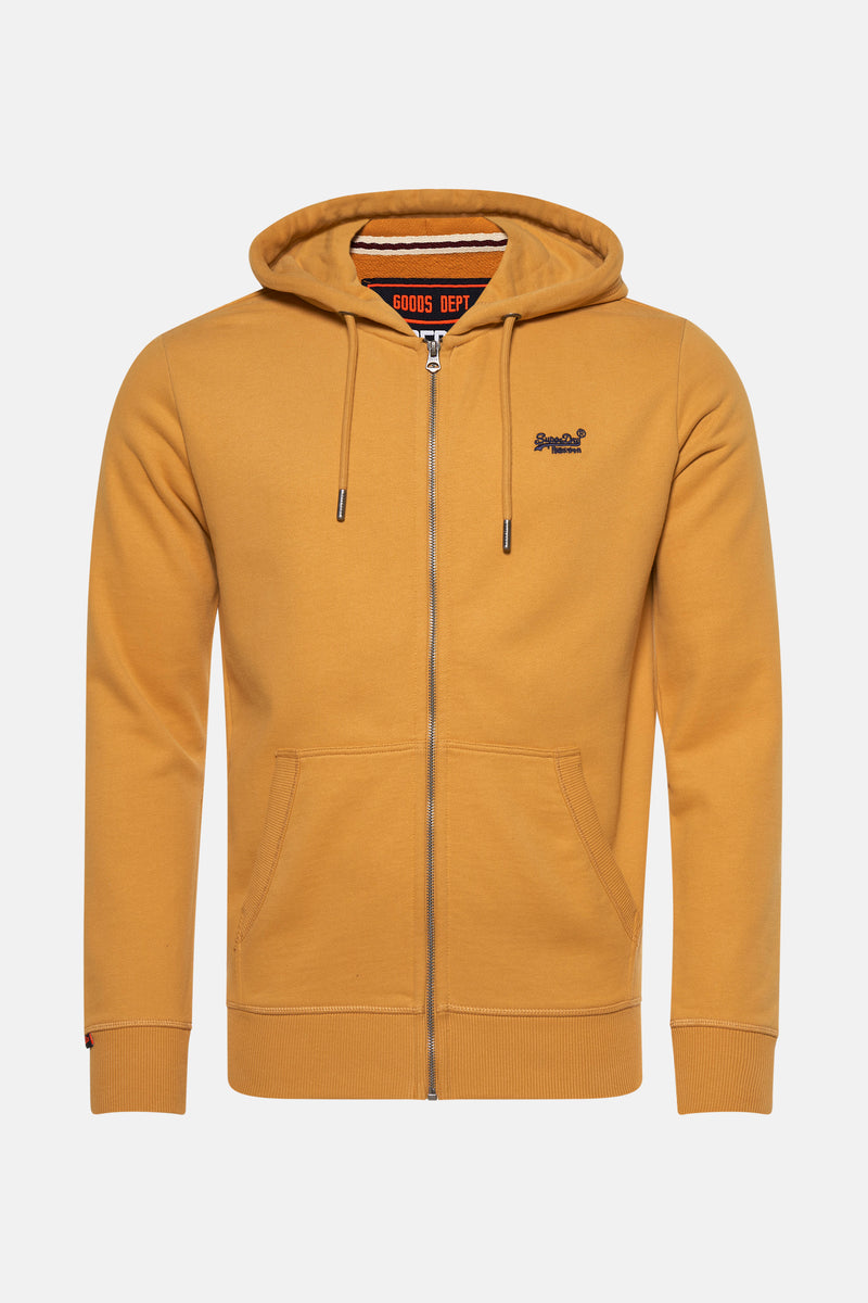 Okergele Superdry bodywarmer met capuchon, ritssluiting en kangoeroezakken.