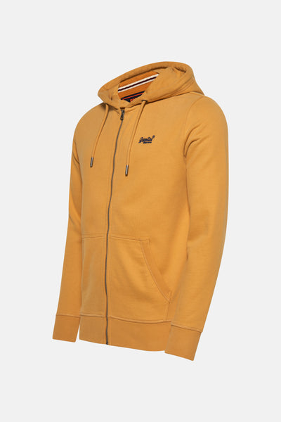 Okerkleurig SUPERDRY gilet met ritssluiting, capuchon met trekkoord en kangoeroezak.