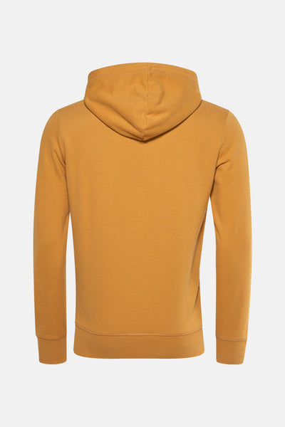 Okerkleurige hoodie van SUPERDRY, achterzijde, met gevoerde capuchon en geribde boorden.