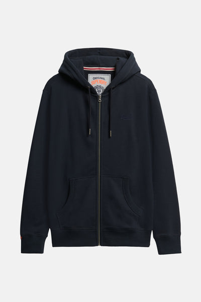 Donkerblauwe SUPERDRY bodywarmer met ritssluiting, capuchon en kangoeroezakken.
