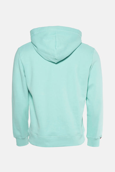 Groene SUPERDRY hoodie, achterkant, met verstelbare capuchon en geribbelde boorden.