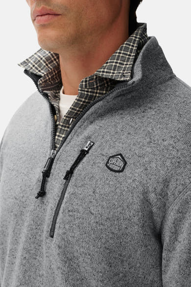 Grijs gemêleerd fleece van SUPERDRY, met ritssluiting en geruite kraag.