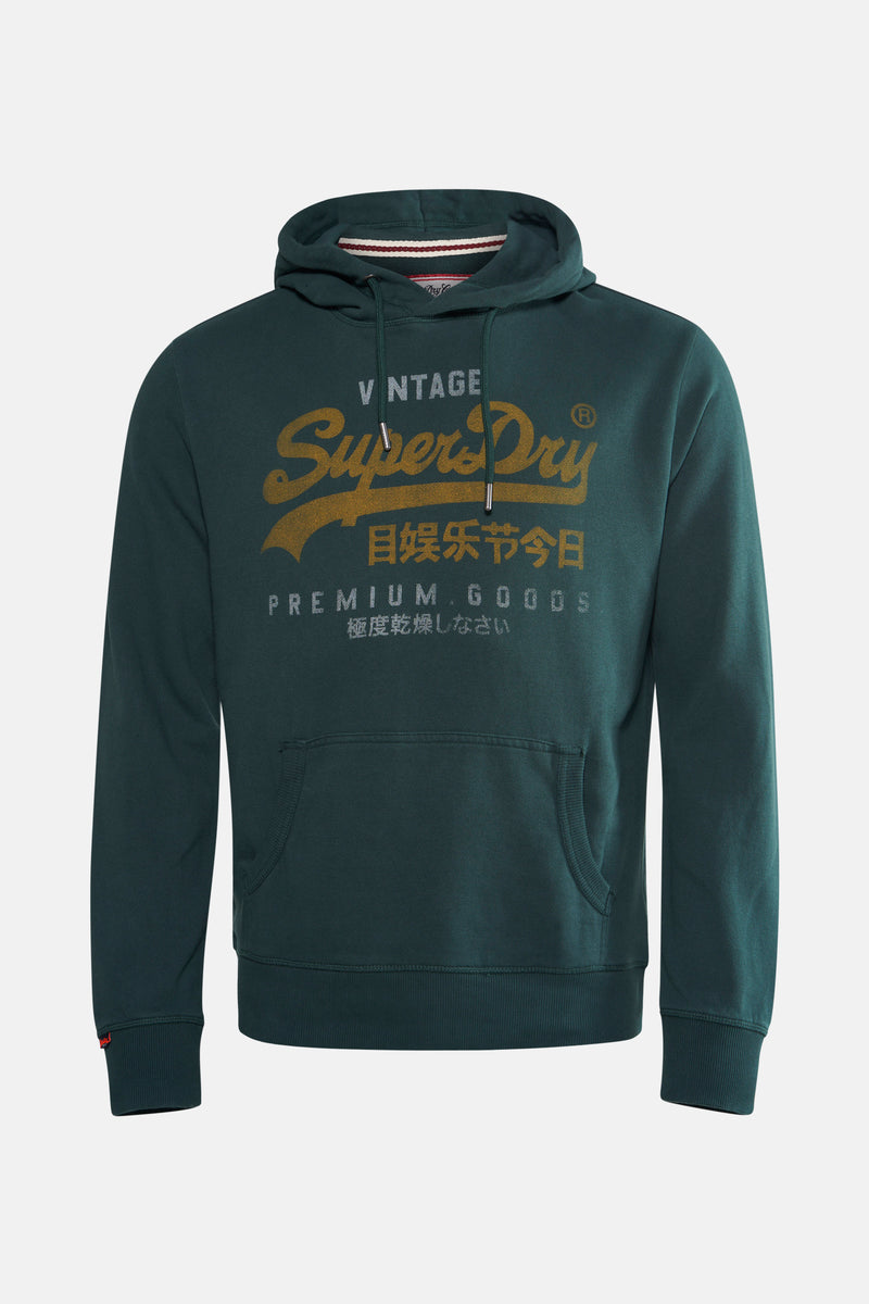 Sweat à capuche vert de Superdry, avec un logo vintage sur le devant et une poche kangourou.