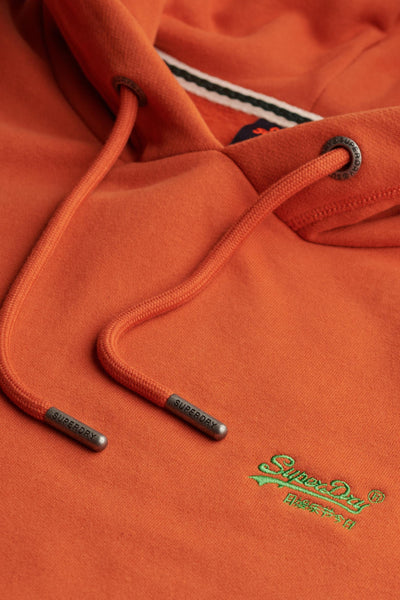 Sweat à capuche orange de Superdry, avec cordons de serrage et logo brodé vert sur le devant.
