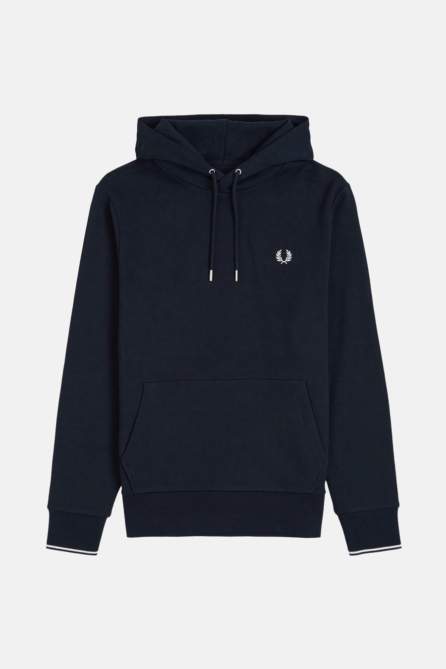 Sweat à capuche bleu foncé de Fred Perry avec cordon de serrage et logo brodé sur la poitrine.